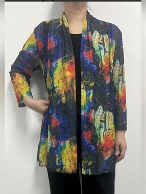 Creation Multicolor Abstract Mesh Colorful Open Front Cardigan Large